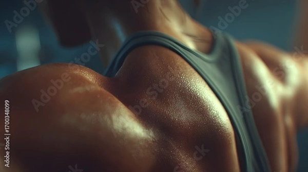 Fototapeta Close Up of Sweaty Toned Female Shoulder in Athletic Sportswear in Dim Light
