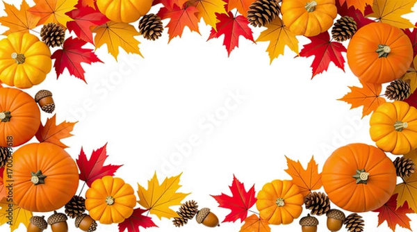 Fototapeta Hanging Garland of many maple leaves, white and yellow pumpkins, acorns, ears of wheat on a white plain background. Decoration for Halloween or Thanksgiving.