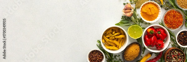 Fototapeta A mix of dried herbs and spices laid out on a gray background, highlighting natural flavors and culinary essentials, top view and copy space, banner