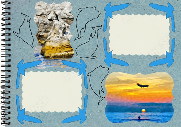 Fototapeta Photo album layout with empty photo frames. Page from old photo album for photos. Scrapbooking style composition on theme of vacation and travel. Sea, beach, emotions. Theme of vacation and travel.
