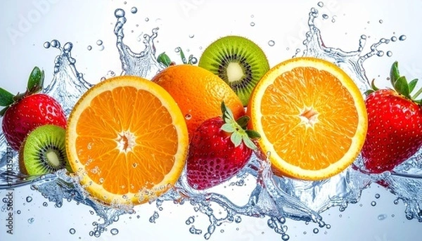 Fototapeta Fresh orange slices, ripe strawberries, and kiwi splashing in clear water on white background. Perfect for juice, diet, health, freshness, and nutrition themes.