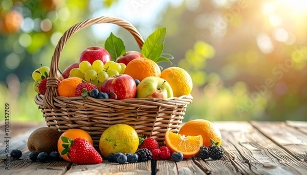 Fototapeta A beautiful, natural light shot of a rustic wicker basket overflowing with a colorful variety of fresh, ripe fruits. The scene is set on a textured wooden table with a soft, sun-drenched garden bokeh 