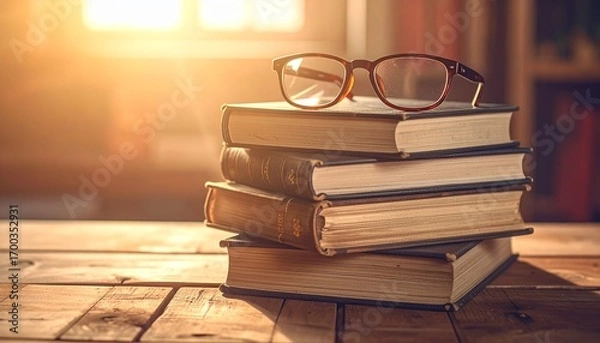 Fototapeta A stack of old, vintage books with reading glasses on top, sitting on a wooden desk. Warm sunlight streams in, creating a cozy and scholarly atmosphere. Copy space available.