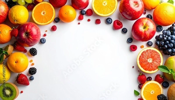 Fototapeta A vibrant and colorful top-down shot of a variety of fresh, ripe fruits neatly arranged, creating a natural border around a clean white background with copy space.

