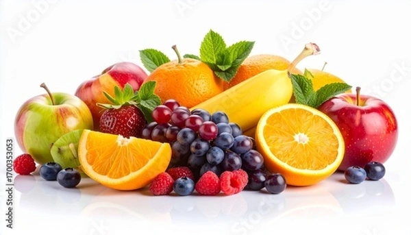 Fototapeta Vibrant pile of assorted mixed fruits and berries, including oranges, apples, and grapes. A fresh, healthy food concept for diet and nutrition, isolated on a white background.