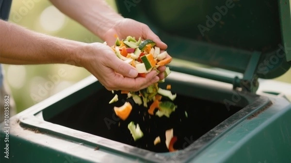 Fototapeta Hands dropping vegetable scraps into a compost bin for recycling waste.