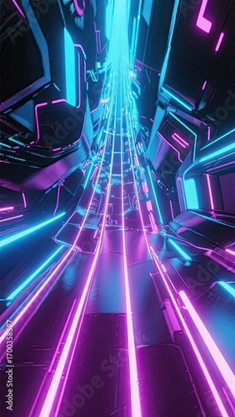 Fototapeta Neon-lit Futuristic Tunnel: A Digital Odyssey through Hypnotic Geometric Structures