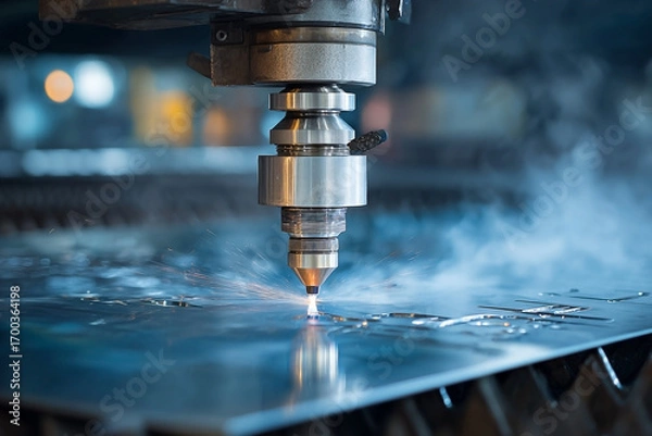 Fototapeta Laser cutting of metal sheet with sparks, modern industrial technology