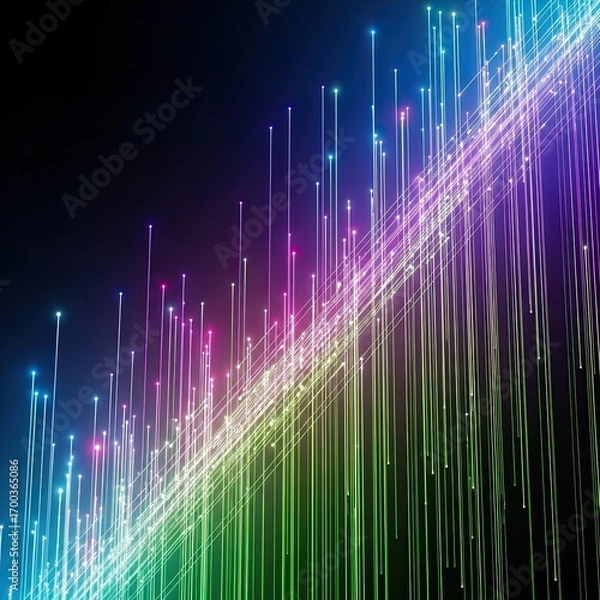Fototapeta Luminous vertical strands converge into vibrant glowing lines and points of light