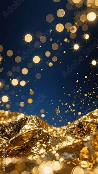 Fototapeta Illuminated gold textures under a dark blue sky with scattered light effects
