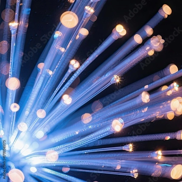 Fototapeta Illuminated fiber optic strands creating ethereal glows against a dark backdrop