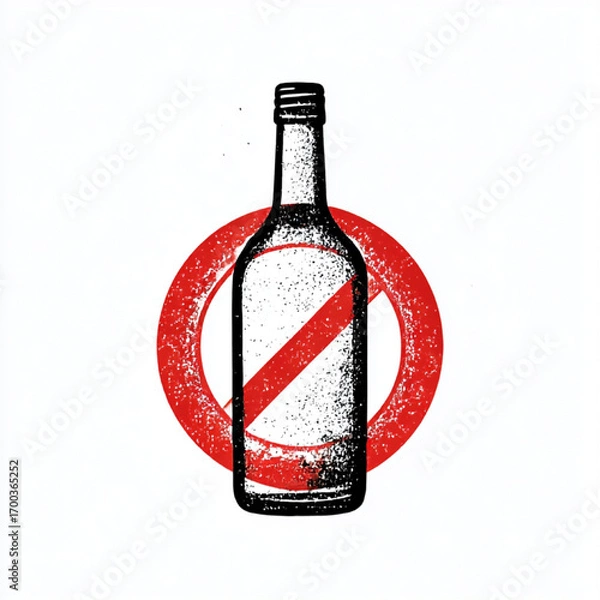 Fototapeta Textured outline icon of an alcohol bottle with a red prohibition sign, black, white, and red, representing no alcohol policy with copy space