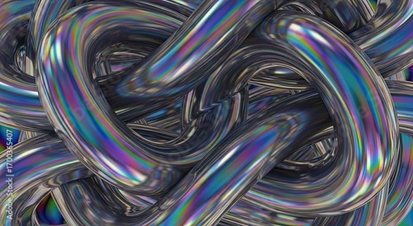 Fototapeta Entangled Metallic Chains Displaying Iridescent Reflections and Interlocking Links