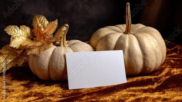 Fototapeta Elegant pumpkins with golden leaves on a rich, textured fabric backdrop, a blank card mockup for personalized messages or decorations.