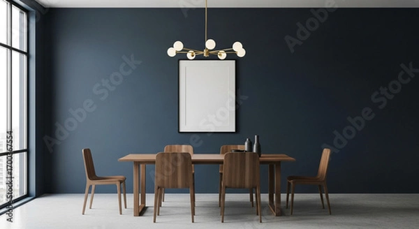 Fototapeta Mockup frame in modern dining room interior design with dark blue empty wall.