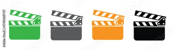 Fototapeta Vector art of a vibrant collection of four clapperboard icons, each rendered in a distinct color green, gray, orange, and black, offering a diverse palette for creative projects