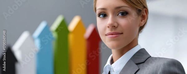Obraz Professional woman in suit with colorful growth arrows behind.