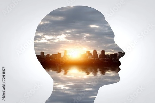 Obraz Silhouette of a person with a sunset skyline reflection.