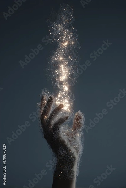 Obraz glowing network particles rising from human hand symbolizing ai and digital transformation