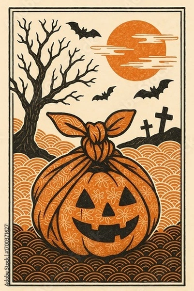 Obraz 和風ハロウィンイラスト 風呂敷に包まれたジャックオーランタン