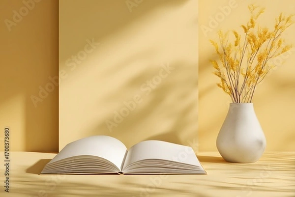 Fototapeta Open book and dried flowers in vase blank pages