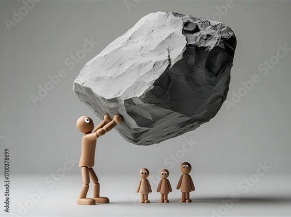 Fototapeta Wooden Mannequin Lifting Stone with Children Nearby wooden mannequin holding up a giant rock while smaller figurines stand beneath. A metaphor for carrying burdens and protecting loved ones.
