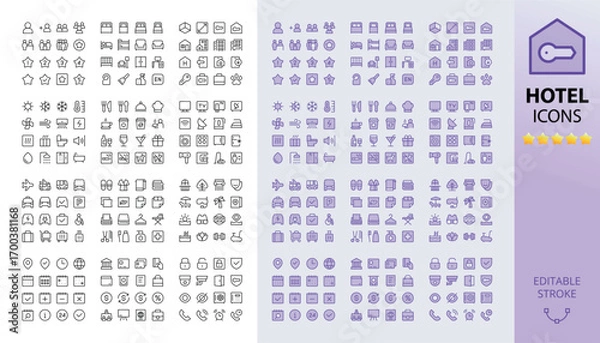 Fototapeta Hotel icon collection - line and duotone style. Hotel management and services, rental property, room booking, hostel, inn, guest house, home rent UI icons for website and app with editable stroke.