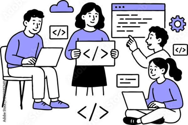 Fototapeta Web development. programming languages. css, html, it, ui. programmer cartoon character developing website, coding. flat illustration banner