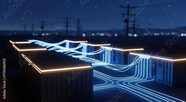 Fototapeta Nighttime shot of illuminated microgrid battery container units with wiring pathways glowing symbolizing continuous power supply.