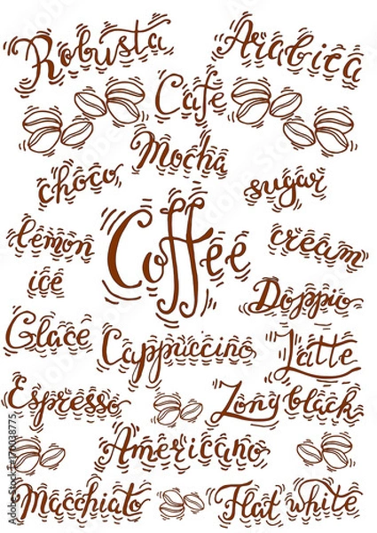 Fototapeta Coffee set with lettering. Coffee words. Modern calligraphy