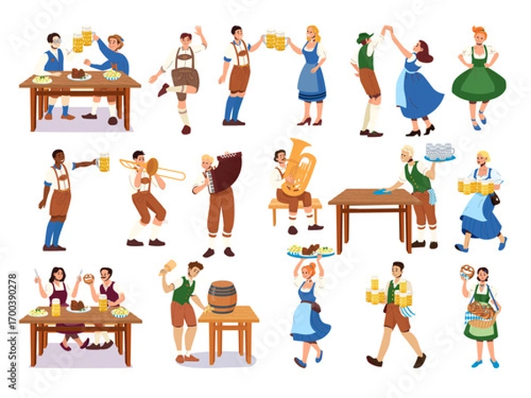 Fototapeta Cheerful Oktoberfest characters in Bavarian costumes dancing playing music serving beer and food with pretzels steins waiters servers and couples celebrating