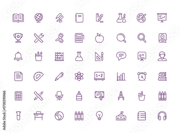 Fototapeta Education Vector Icon Set, Learning Symbols, School Supplies, Book, Globe, Calculator, Backpack, Chemistry, Art, Presentation, Trophy, Classroom Tools, Study, Adjustable Line Weight, Academic