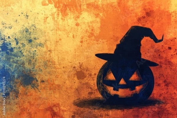 Fototapeta A stylized jack-o'-lantern silhouette, wearing a witch's hat, set against a textured background of warm autumnal colors and distressed paint splatter.
