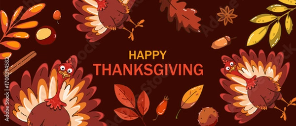 Fototapeta Happy Thanksgiving. Autumn background with turkey, berries and autumn leaves. Vector illustration.