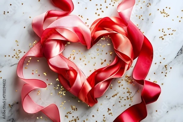 Fototapeta red ribbon heart and pink satin ribbon create romantic decoration with love concept, valentine’s day theme and elegant background with marble texture