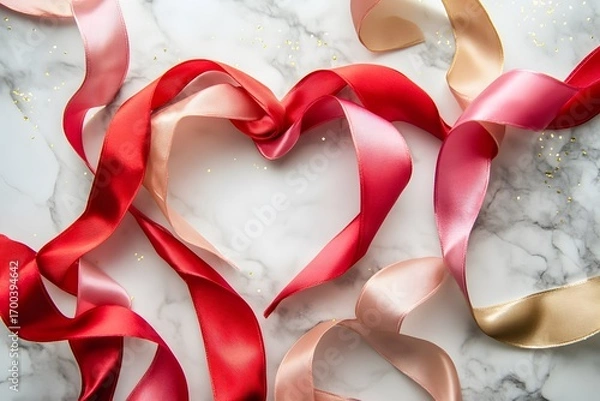 Fototapeta red ribbon heart and pink satin ribbon create romantic decoration with love concept, valentine’s day theme and elegant background with marble texture
