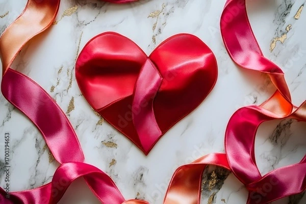 Fototapeta red ribbon heart and pink satin ribbon create romantic decoration with love concept, valentine’s day theme and elegant background with marble texture