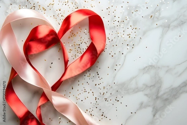 Fototapeta red ribbon heart and pink satin ribbon create romantic decoration with love concept, valentine’s day theme and elegant background with marble texture