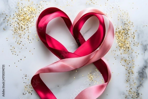 Fototapeta red ribbon heart and pink satin ribbon create romantic decoration with love concept, valentine’s day theme and elegant background with marble texture