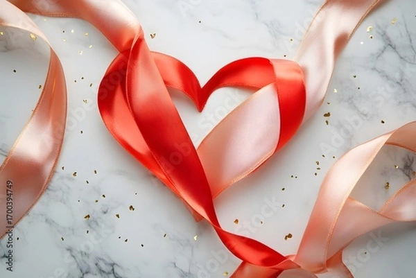 Fototapeta red ribbon heart and pink satin ribbon create romantic decoration with love concept, valentine’s day theme and elegant background with marble texture