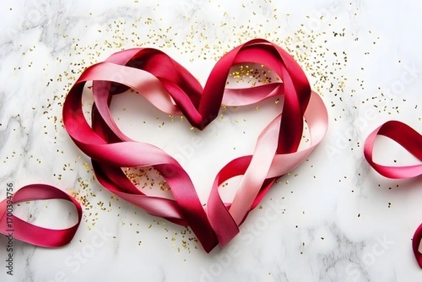 Fototapeta red ribbon heart and pink satin ribbon create romantic decoration with love concept, valentine’s day theme and elegant background with marble texture