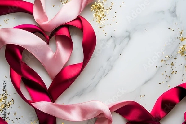 Fototapeta red ribbon heart and pink satin ribbon create romantic decoration with love concept, valentine’s day theme and elegant background with marble texture