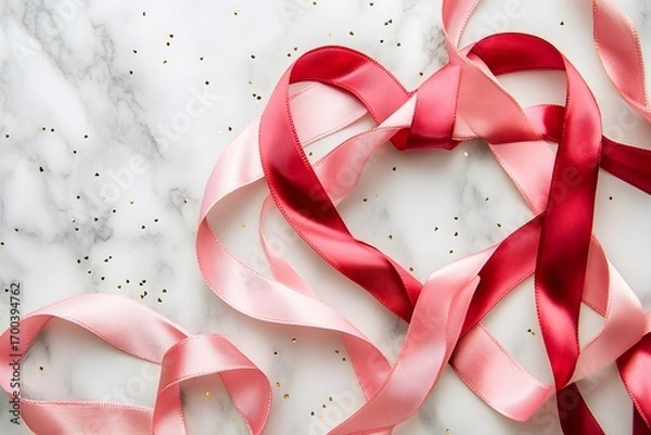 Fototapeta red ribbon heart and pink satin ribbon create romantic decoration with love concept, valentine’s day theme and elegant background with marble texture