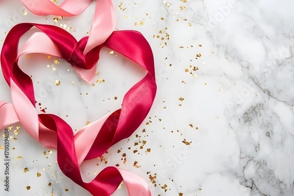 Fototapeta red ribbon heart and pink satin ribbon create romantic decoration with love concept, valentine’s day theme and elegant background with marble texture