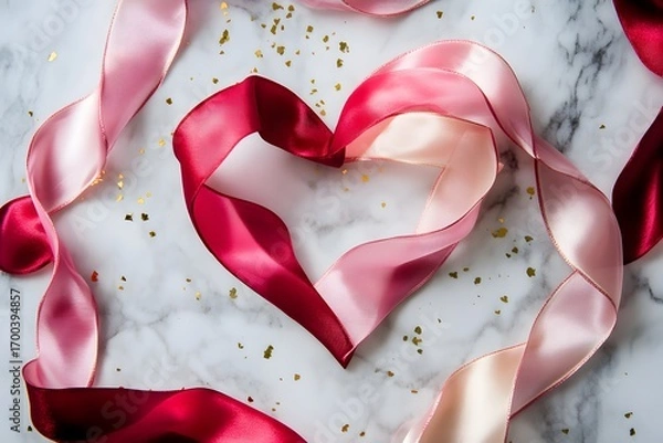 Fototapeta red ribbon heart and pink satin ribbon create romantic decoration with love concept, valentine’s day theme and elegant background with marble texture