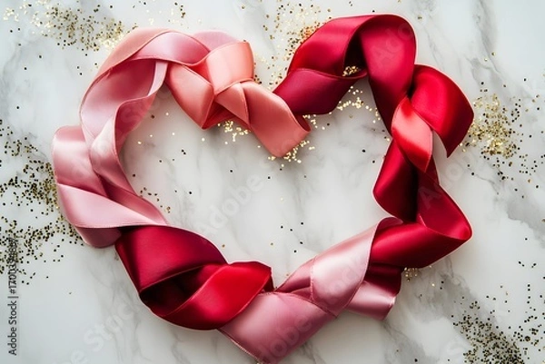 Fototapeta red ribbon heart and pink satin ribbon create romantic decoration with love concept, valentine’s day theme and elegant background with marble texture