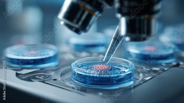 Fototapeta Pipette dropping liquid on stem cells in petri dish in laboratory under microscope, concept of stem cell research and treatment
