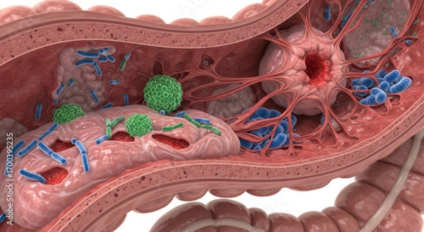 Fototapeta Microscopic view of the intestinal tract showing inflammation and immune response
