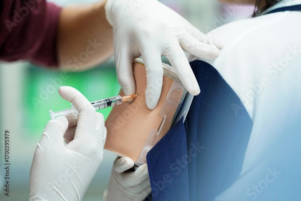 Fototapeta Nursing Student Practicing Injection with Training Model