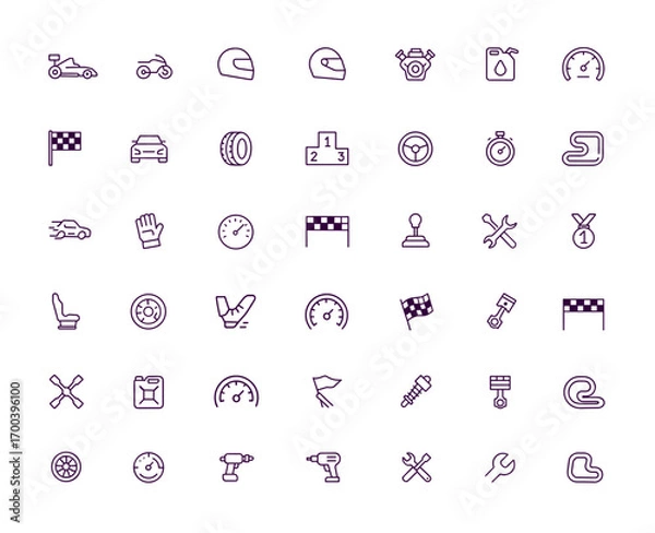 Fototapeta Racing, Motorsports, Car, Motorcycle, Helmet, Speed, Trophy, Vector Icon Set, Pit Stop, Fuel, Flag, Engine, Competition, Repair, Adjustable Line Style, Performance Illustration, auto racing icon pack